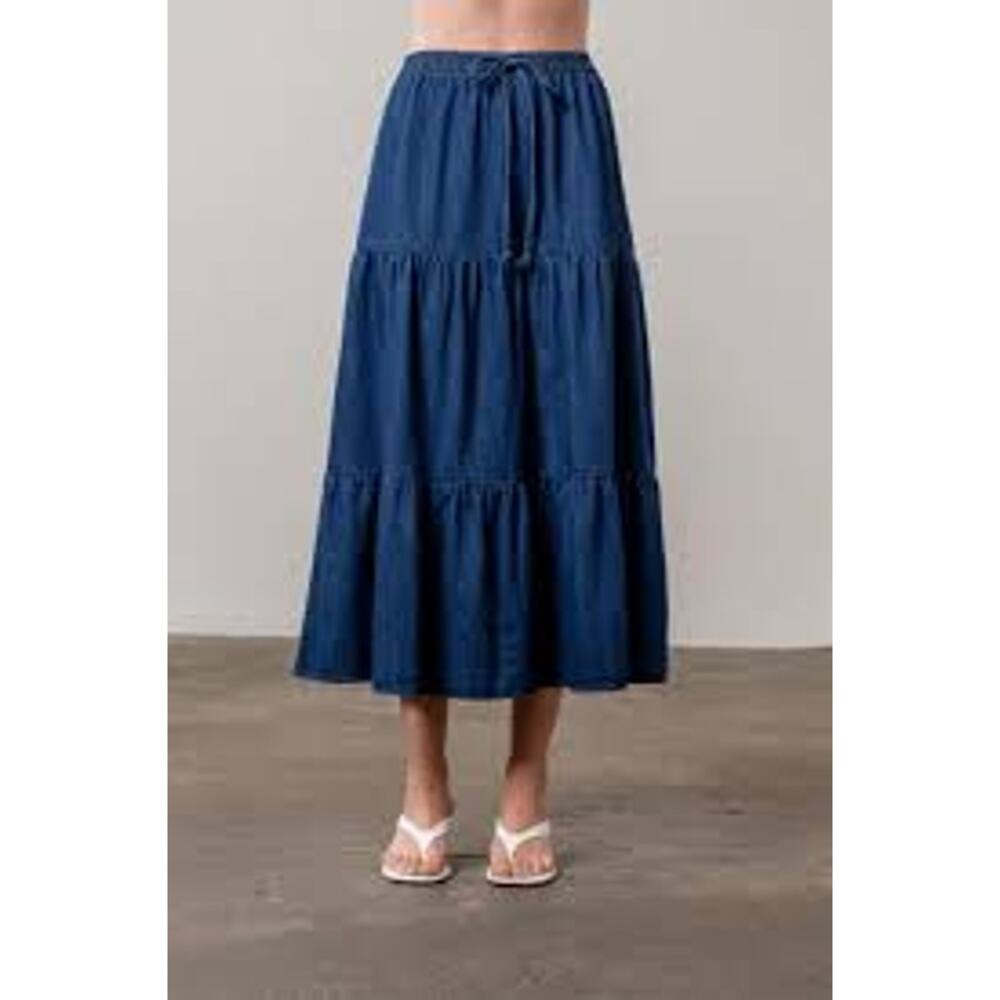 MOON RIVER Denim Tiered Midi Skirt COUNTRY COWGIRL 70s WESTERN ROMANTIC Size XS - Picture 2 of 7